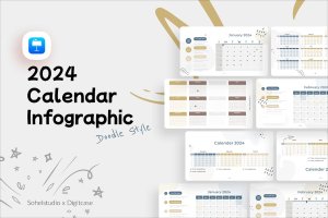 2024 年日历信息图表涂鸦风格Keynote创意模板 2024 Calendar Infographic Doodle Style – Keynote