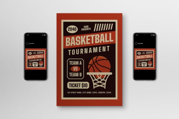 复古平篮球锦标赛海报  Retro Flat Basketball Tournament Flyer