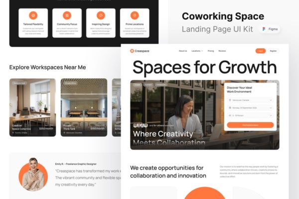 联合办公空间网站登陆页面UI设计模板 Creaspace – Coworking Space Landing Page