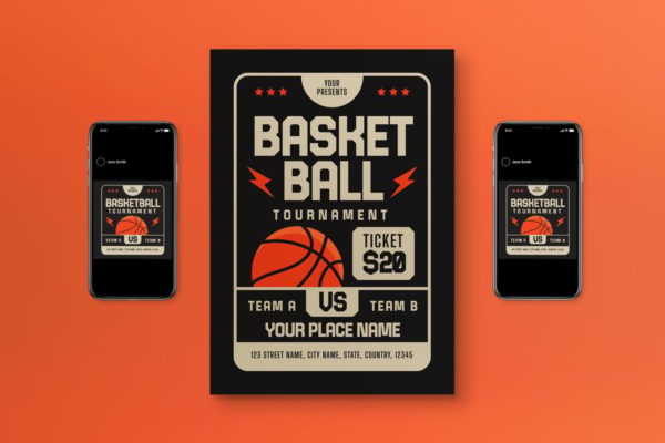 黑色篮球锦标赛传单海报 Black Bold Basketball Tournament Flyer