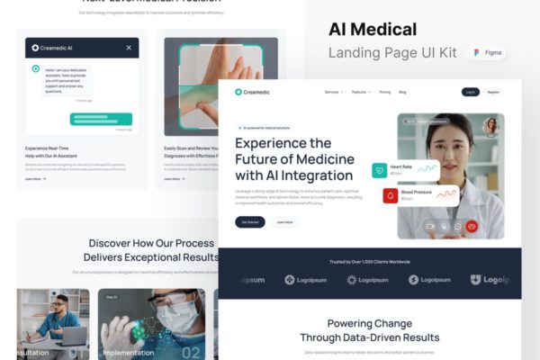 人工智能医疗网站登陆页面UI设计模板 Creamedic – AI Medical Landing Page