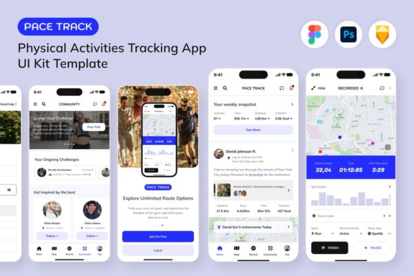 跑步步行运动配速追踪器移动应用程序UI 套件 Running Walking Sport Pace Tracker Mobile App