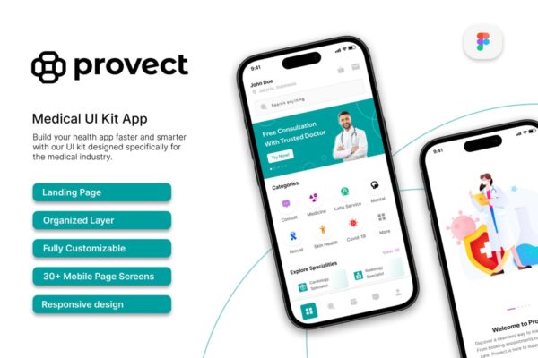 健康和医疗应用程序 UI 套件 Provect – Health and Medical App UI Kit