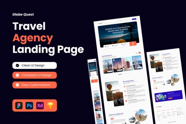 旅行社登陆页面网站设计UI模板 Globe Quest – Travel Agency Landing Page