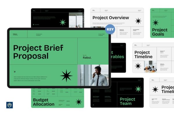 简单项目简要提案Keynote幻灯片模板素材 Green Black White Simple Project Brief Proposal 03