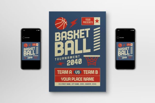 蓝色篮球锦标赛传单海报 Blue Bold Basketball Tournament Flyer