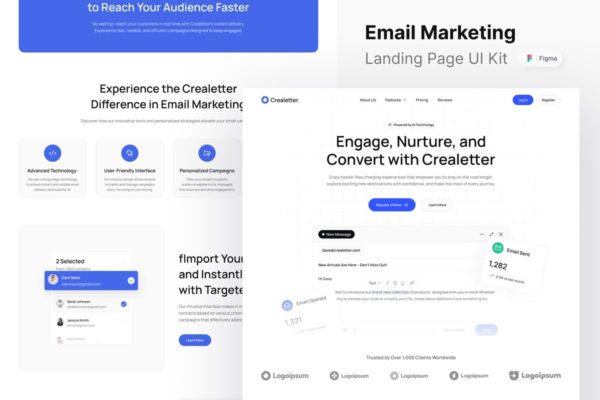 电子邮件营销网站登陆页面UI设计模板 Crealetter – Email Marketing Landing Page