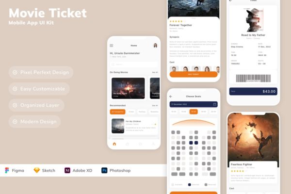 电影票移动应用 UI 套件 Movie Ticket Mobile App UI Kit